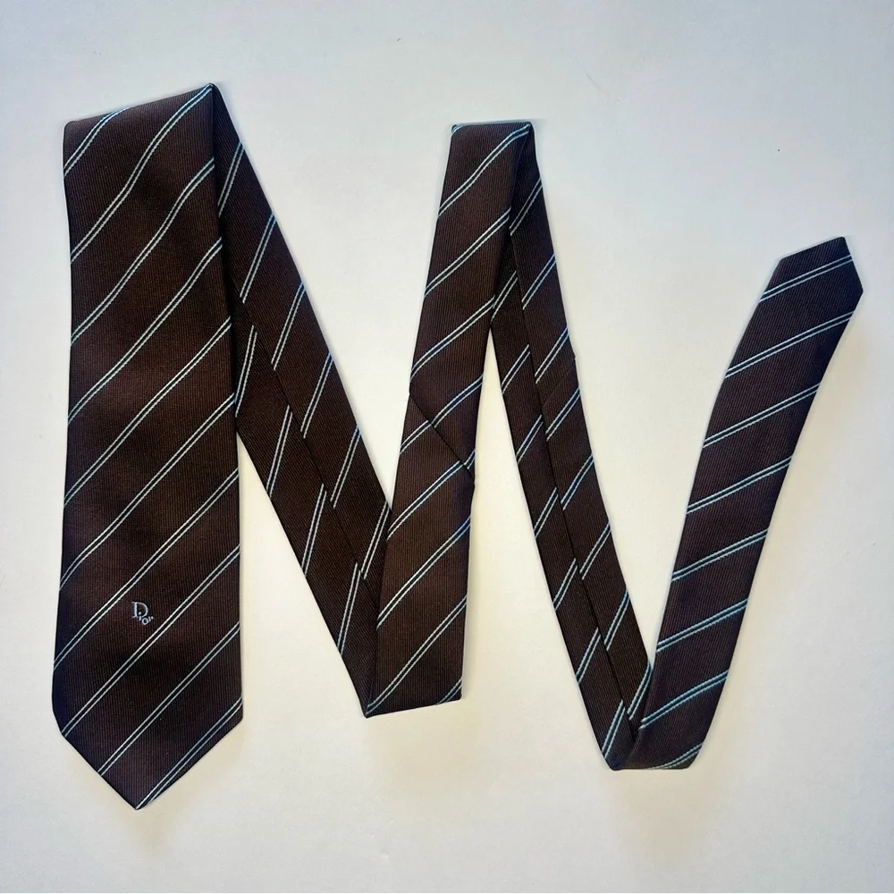 Vintage DIOR Embroidered Signature Brown Diagonal Striped Classic Tie, 3.25”